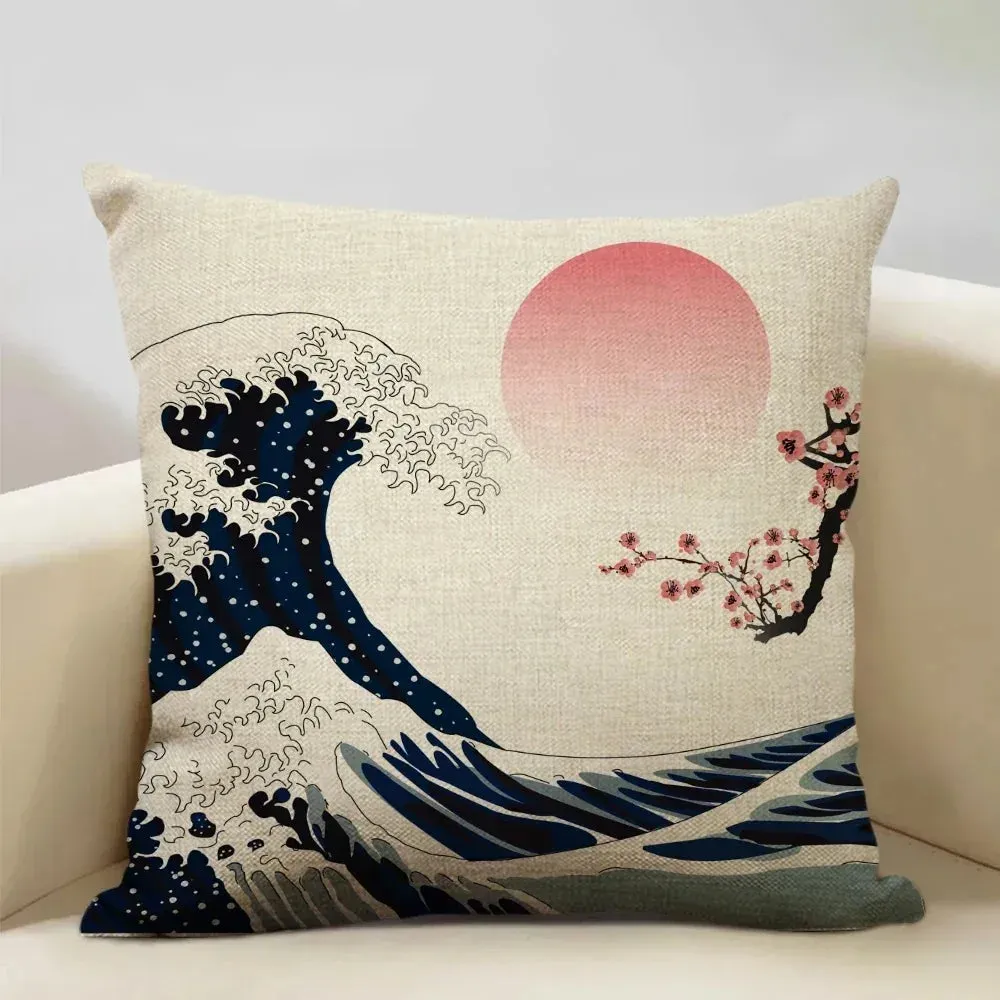 Esprit du Japon Housse Coussin Vague Japonaise Lin