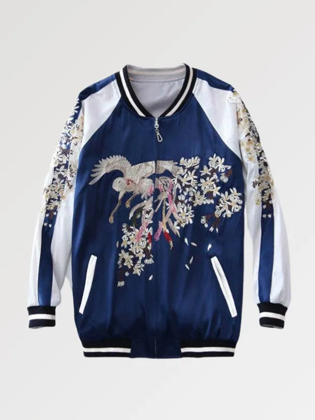 Esprit du Japon Sukajan bleu floral blouson brodé phénix