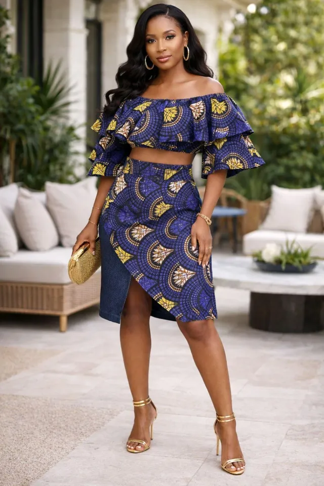 KAVAZI Crop Top With Frill Sleeve And Skirt Set ensemble femme