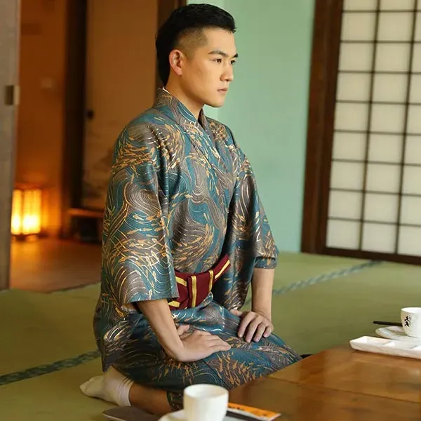 Esprit du Japon kimono homme sakana satin bleu canard + obi