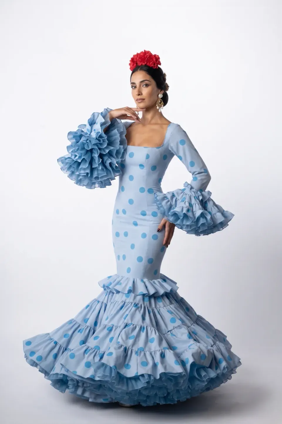 Viva La Feria Mediterraneo robe flamenca bleu ciel à pois
