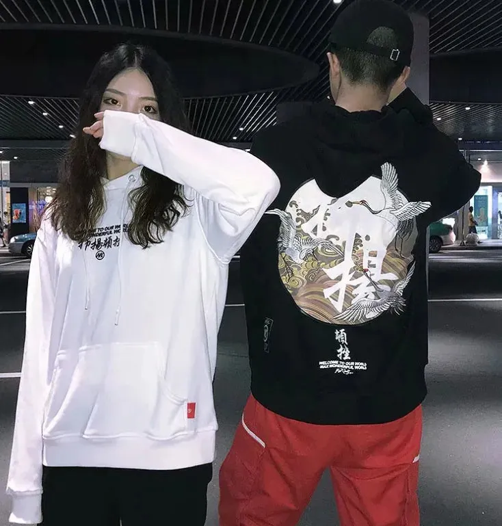 Esprit du Japon sweat capuche japonais grues vagues coton