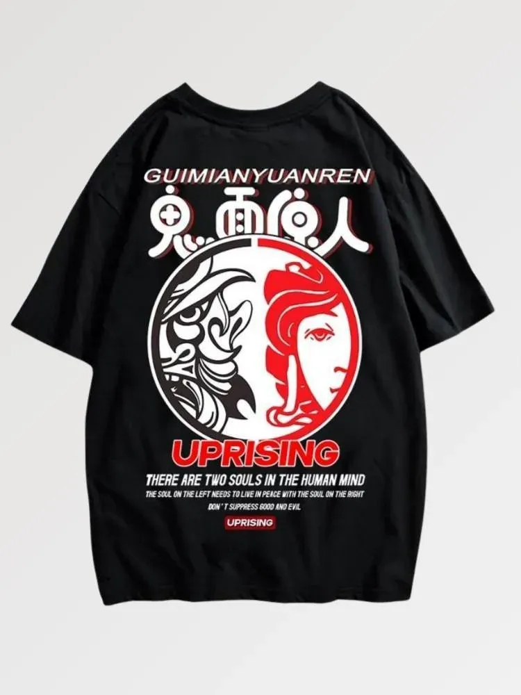 Japon style yuanren t-shirt imprimé coton oversize