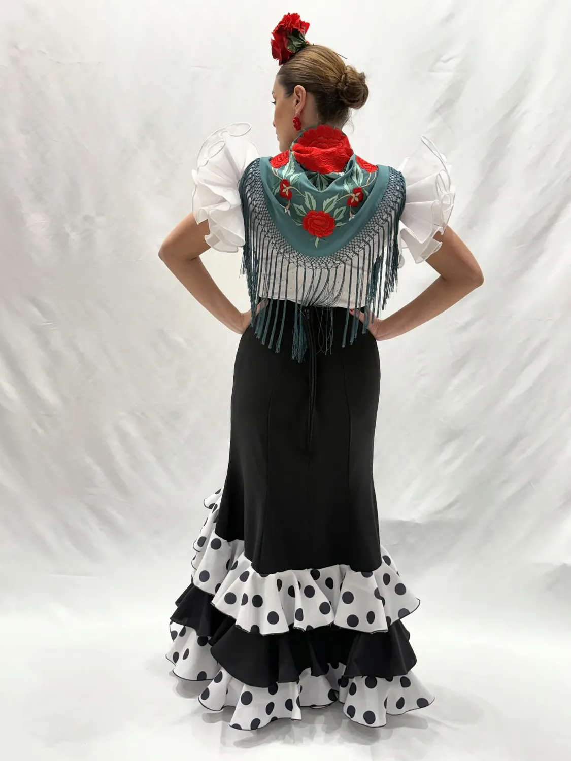 VIVA LA FERIA Dulce jupe flamenca noire à pois blancs