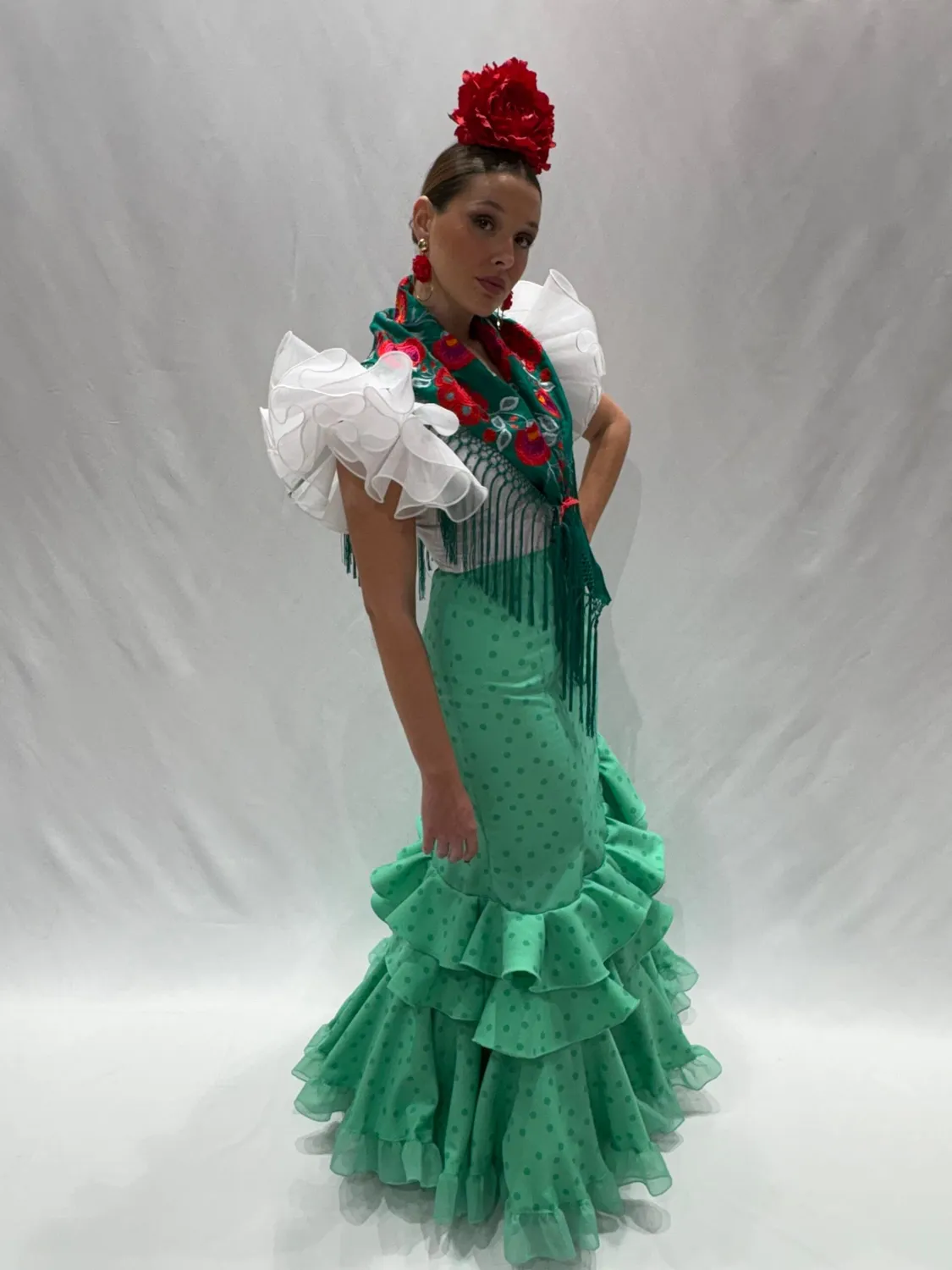 Viva la Feria Primor jupe flamenca verte à pois