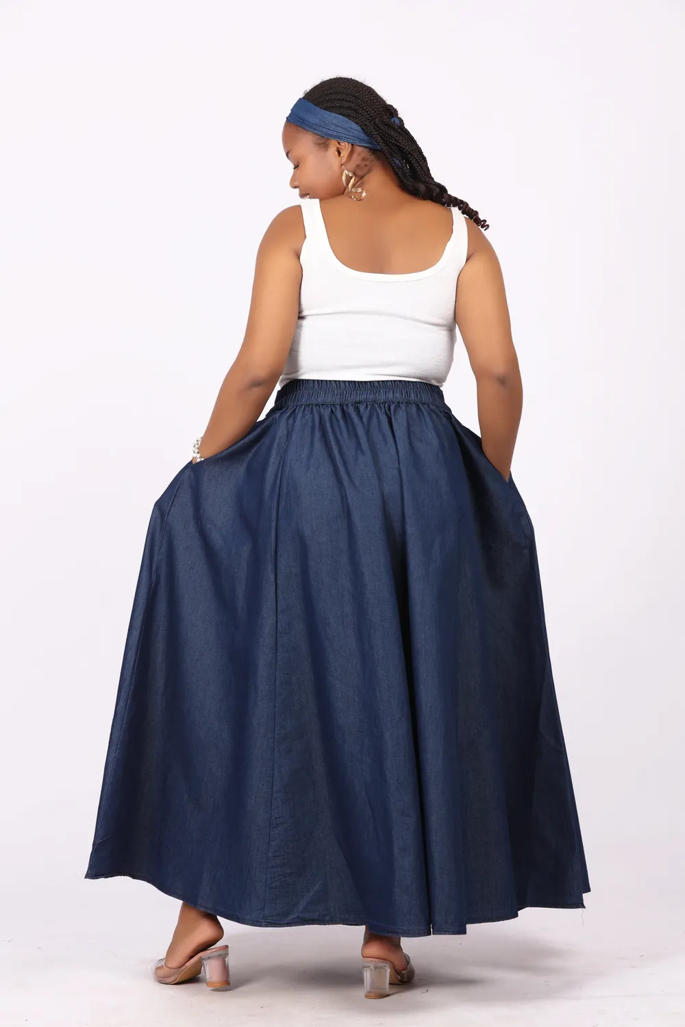 KAVAZI Denim Maxi Skirt jupe longue jean avec foulard