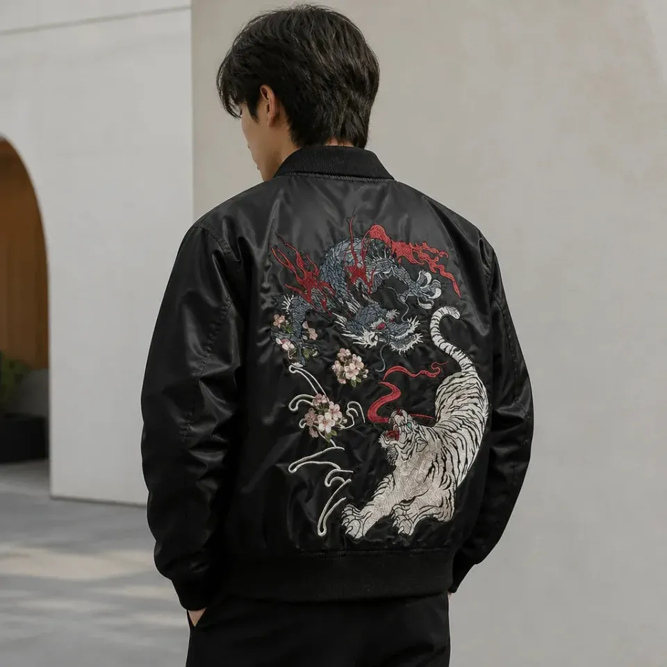 Esprit du Japon dragon tigre blouson sukajan brodé noir