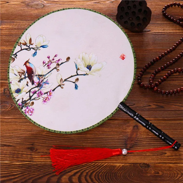 Esprit du Japon Éventail Rond peinture florale bois 24 cm