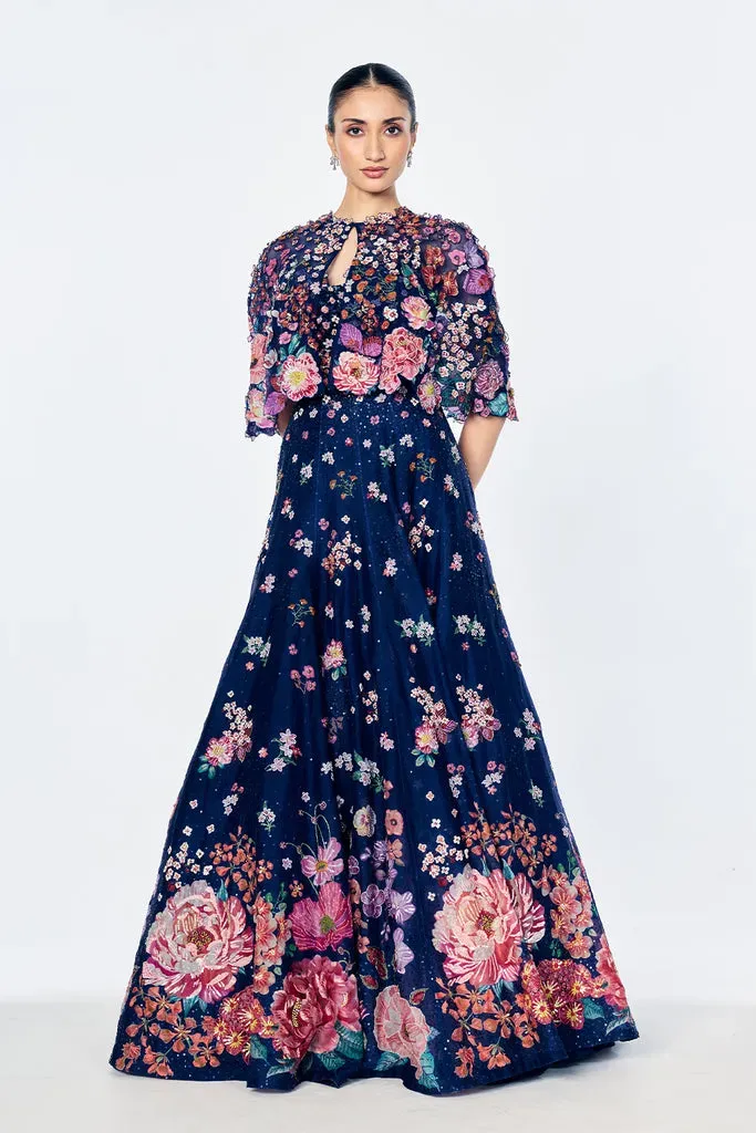 Rahul Mishra Organza Cape Embellished With Bold Botanical Bouquet Motifs cape bleu marine