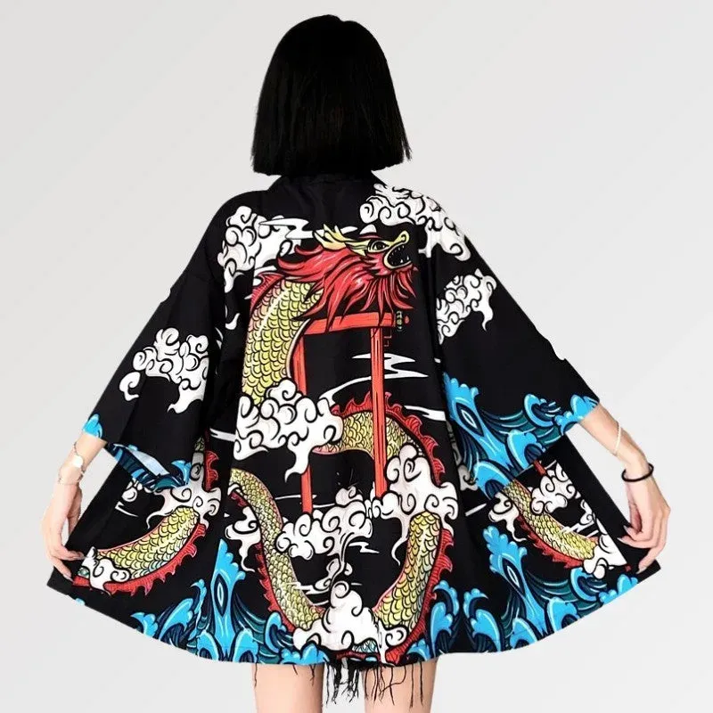 Japon style cardigan kimono Saori dragon Torii polyester