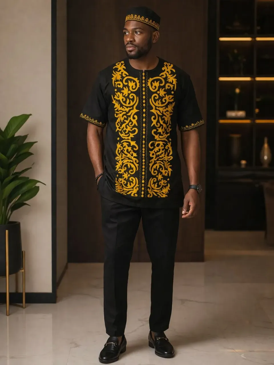 KAVAZI chemise noire brodée homme avec pantalon et kufi