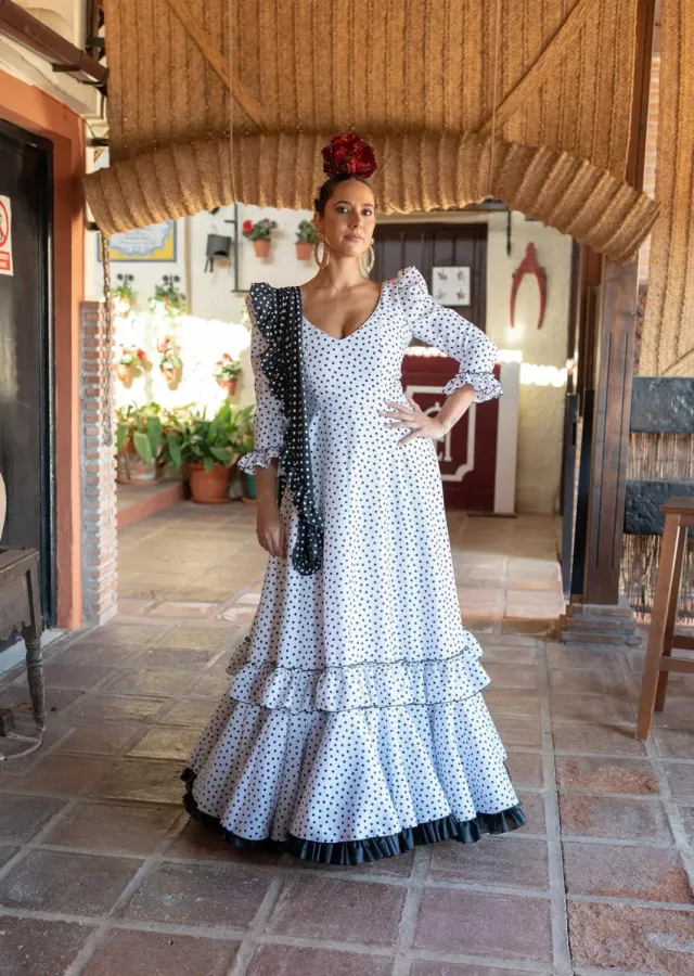 Viva la Feria Marisma robe gitane blanche pois noirs