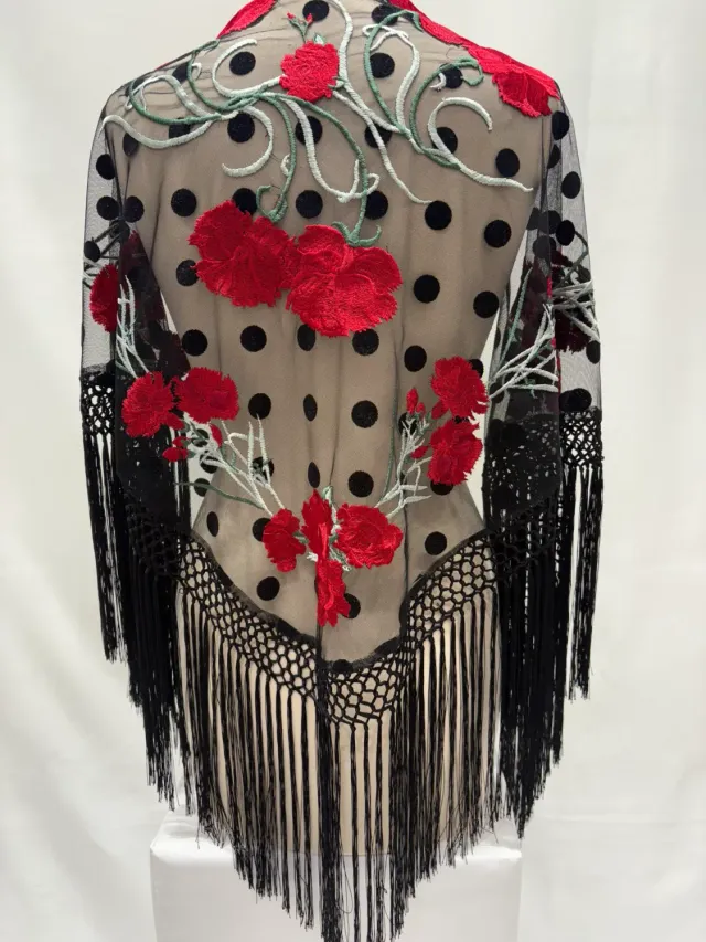Viva La Feria mantoncillo châle flamenco noir fleurs franges soie
