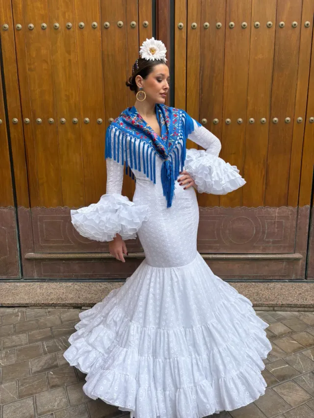 Viva La Feria Nácar robe gitane blanche sirène perforée