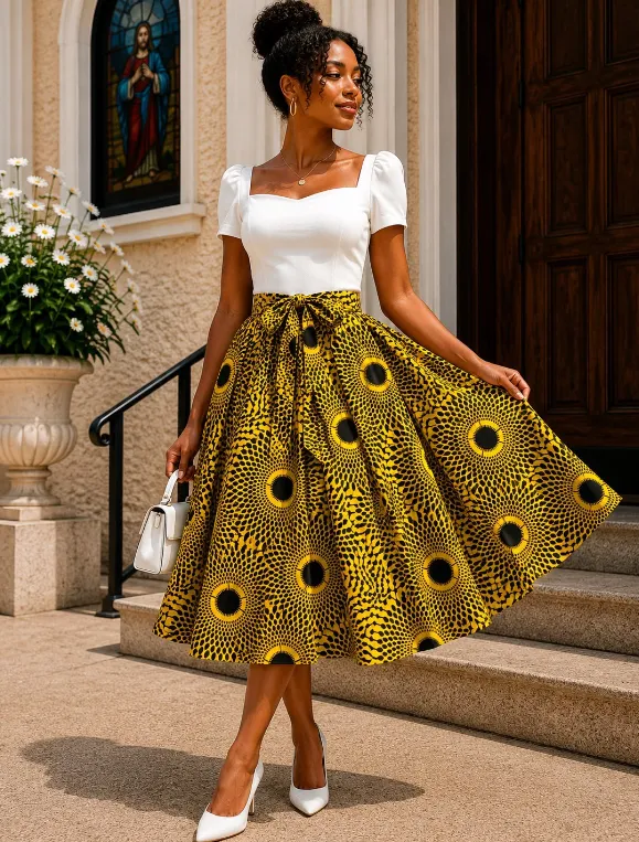 KAVAZI jupe midi Ankara wax motif africain