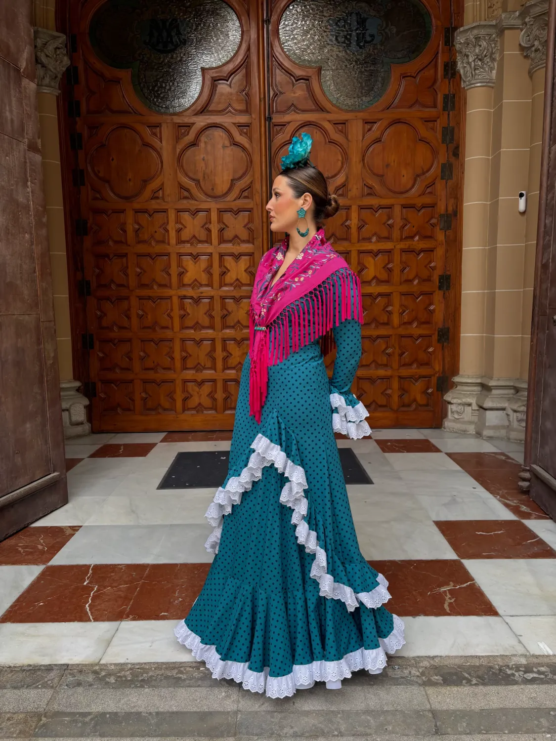 Viva La Feria Campanario robe flamenca bleu pétrole à pois