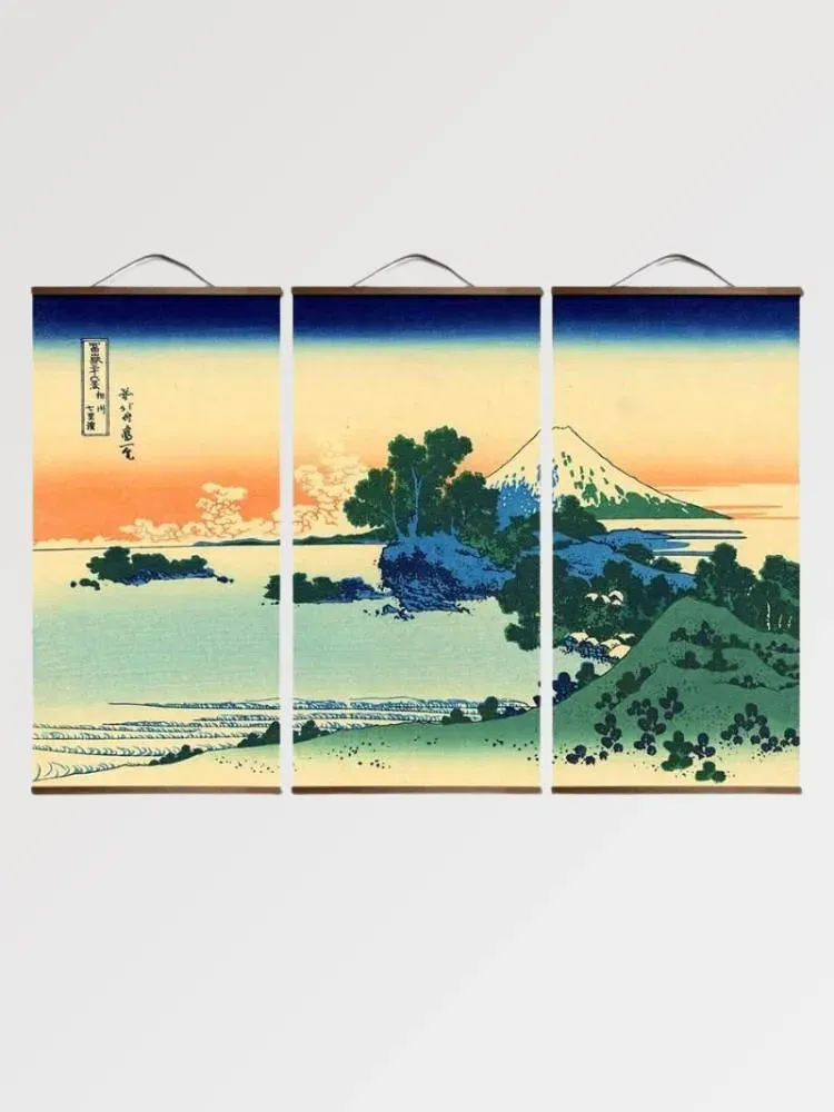 Japon style Tableau Aka Machi triptyque village Fuji