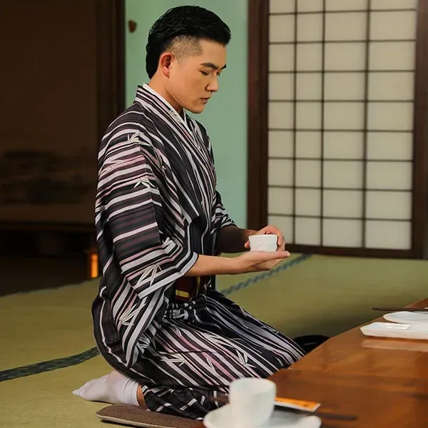 Esprit du Japon kimono homme Bamboo rayures noir mi-long