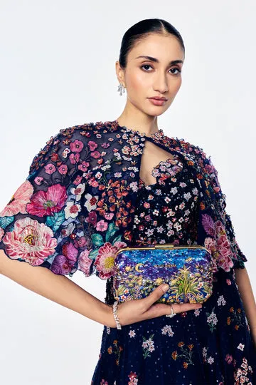 Rahul Mishra Organza Cape Embellished With Bold Botanical Bouquet Motifs cape bleu marine