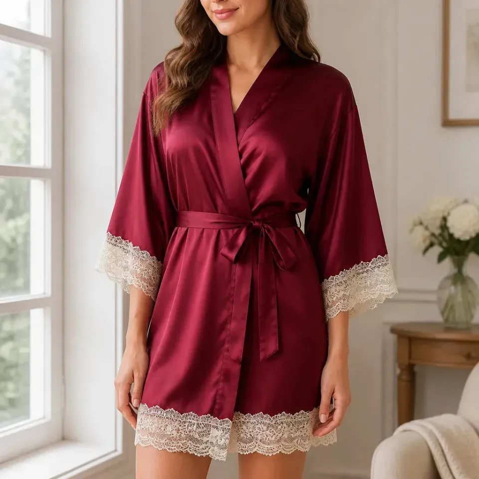 Esprit du Japon peignoir kimono satiné dentelle court