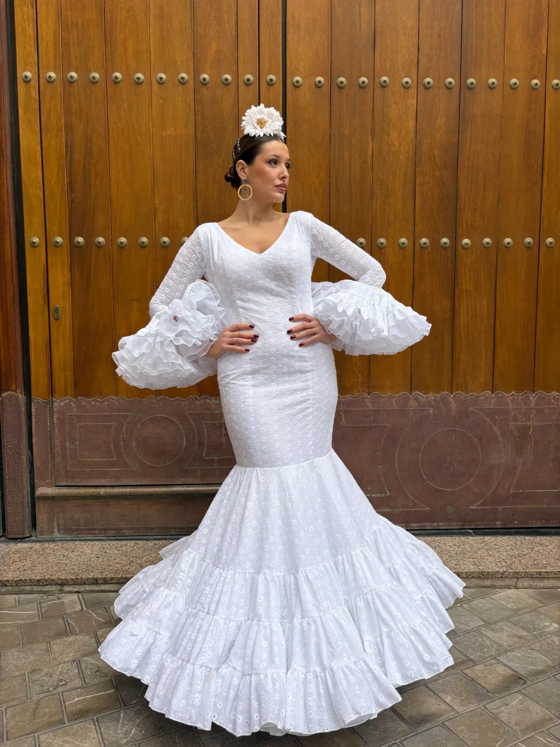 Viva La Feria Nácar robe gitane blanche sirène perforée