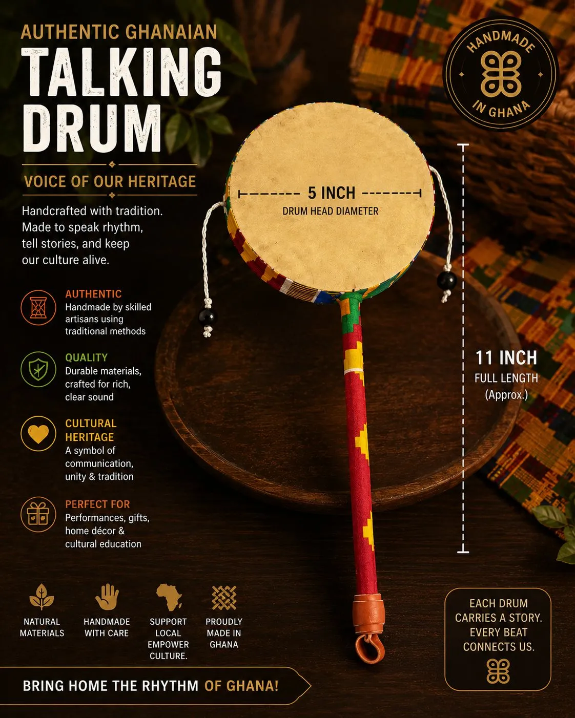 KAVAZI Tic Toc tambour kente lot de 3 fait main