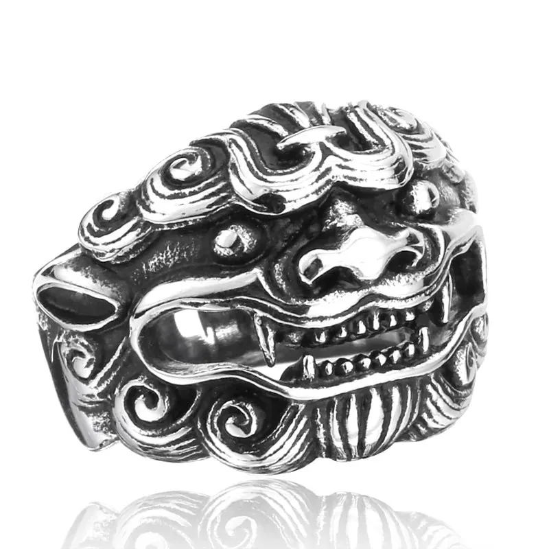 Esprit du Japon bague homme lion gardien acier inoxydable