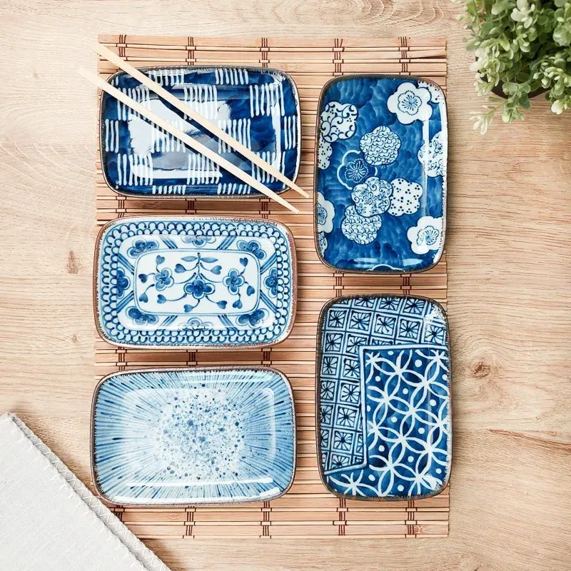 Japon style coffret 5 assiettes japonaises rectangulaires bleu blanc