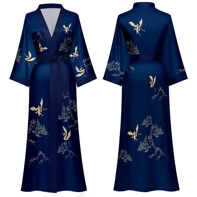 Esprit du Japon kimono de nuit femme grues bleu nuit satiné