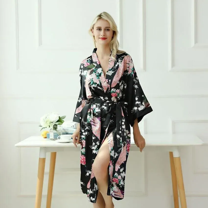 Japon style Kimono pyjama femme satin motif fleuri