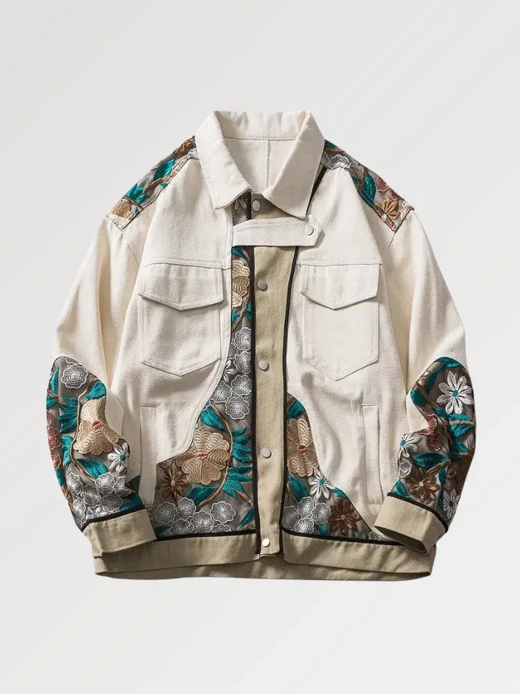 Japon style OJK711 veste en jean broderie florale oversize