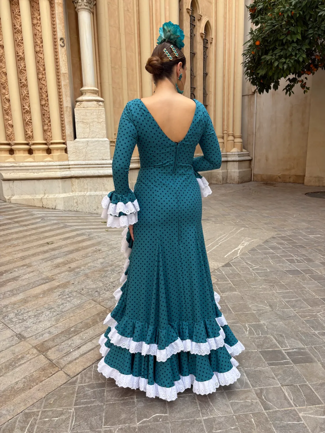 Viva La Feria Campanario robe flamenca bleu pétrole à pois