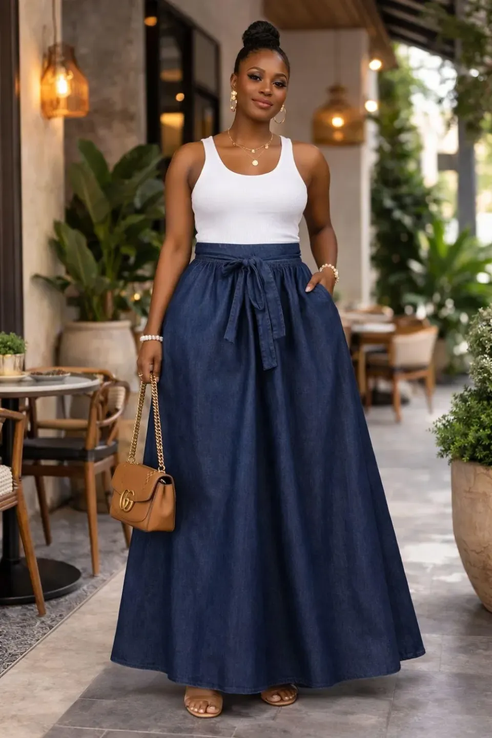 KAVAZI Denim Maxi Skirt jupe longue jean avec foulard