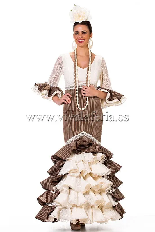 Viva la Feria robe flamenca Carretera beige dentelle rayures