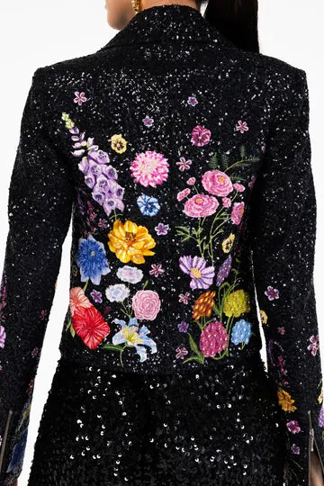 Rahul Mishra Valley of Flowers veste motard satin noire