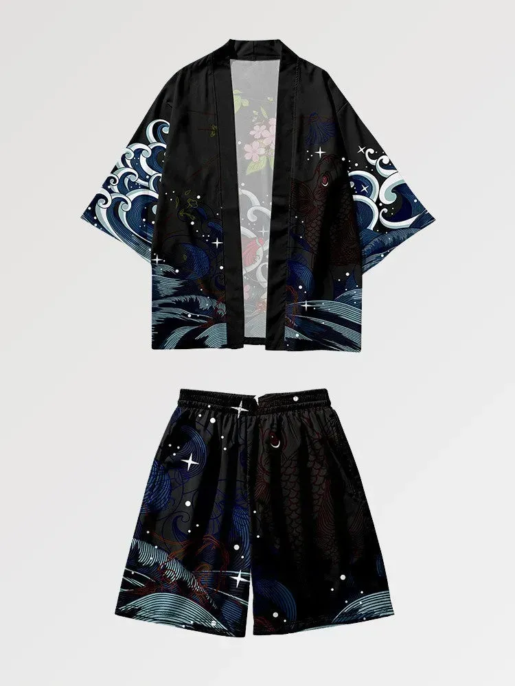 Japon style Koi X Sakura ensemble kimono tissu léger