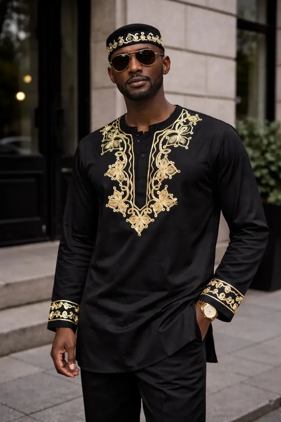 KAVAZI haut brodé noir homme + chapeau kufi