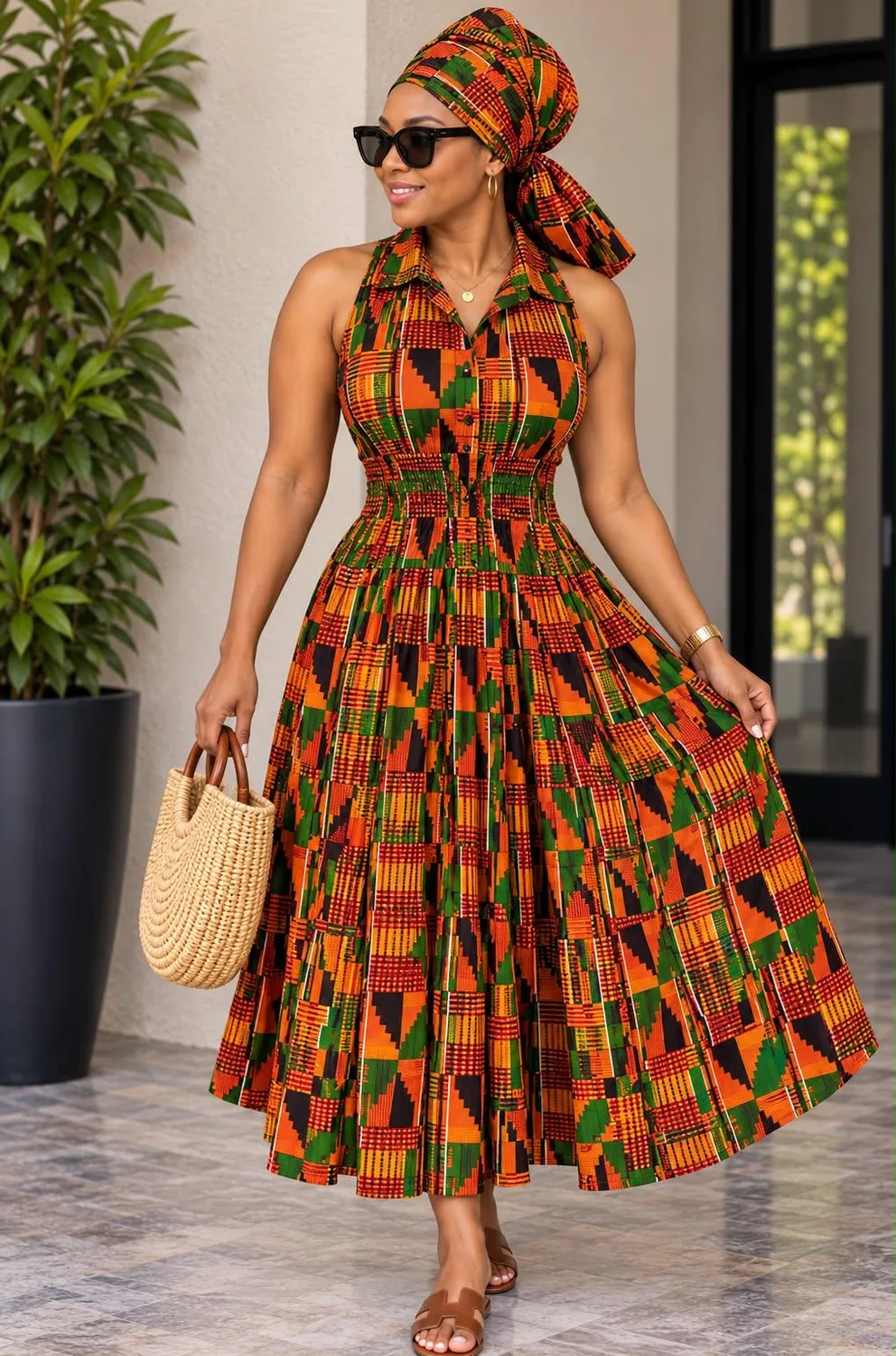 KAVAZI robe midi smockée imprimée africaine sans manches