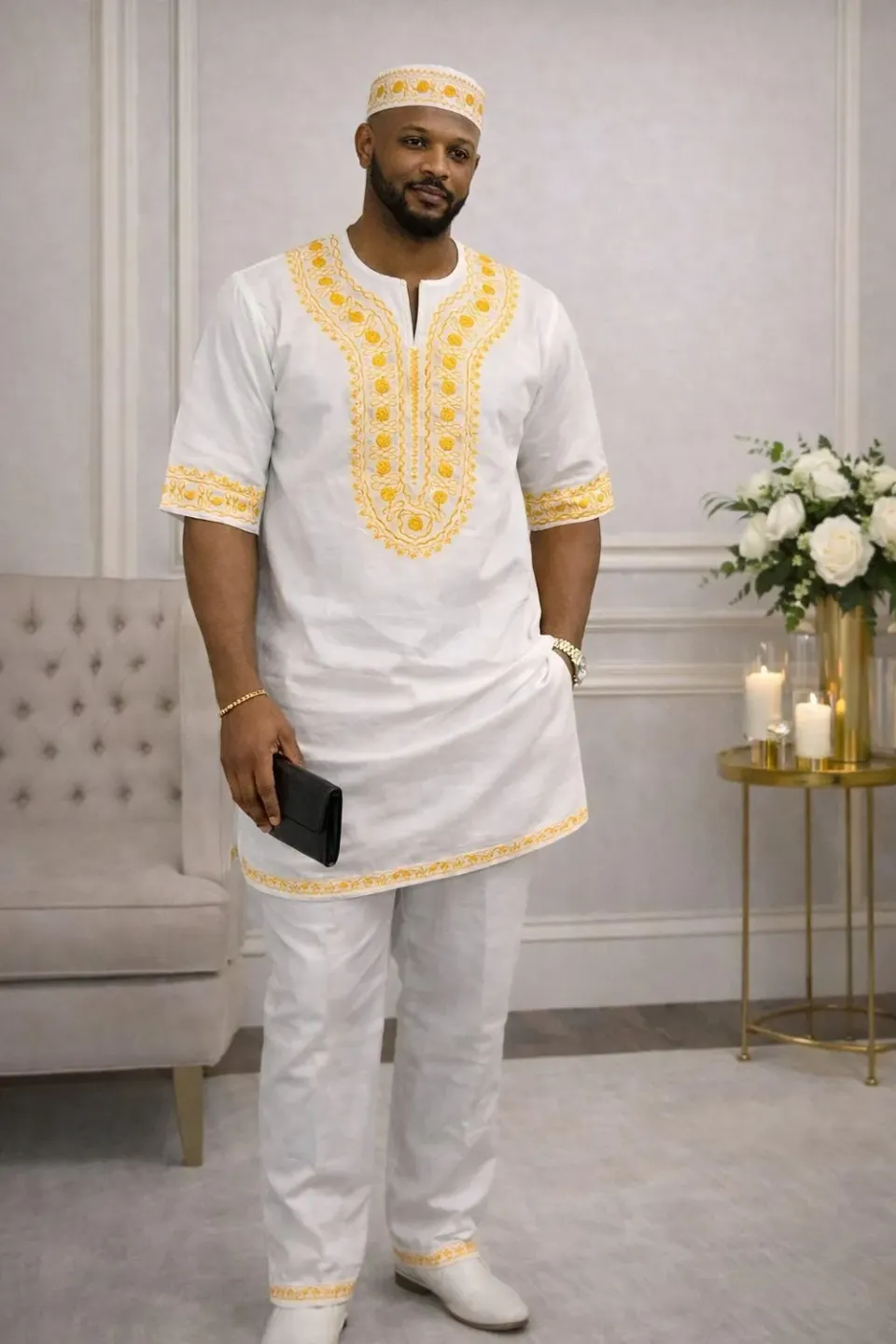 KAVAZI Tenue africaine brodée homme avec coiffe kufi