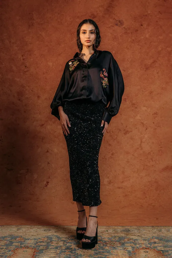Rahul Mishra Sundarbans chemise satin soie noire