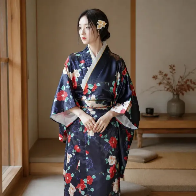 Esprit du Japon robe kimono satinée obi fleurs