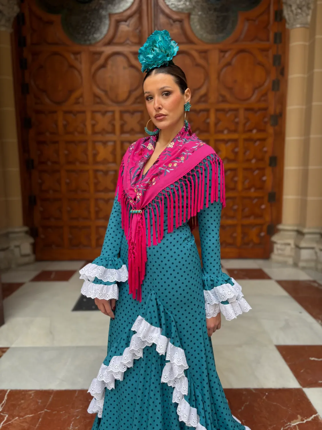 Viva La Feria Campanario robe flamenca bleu pétrole à pois