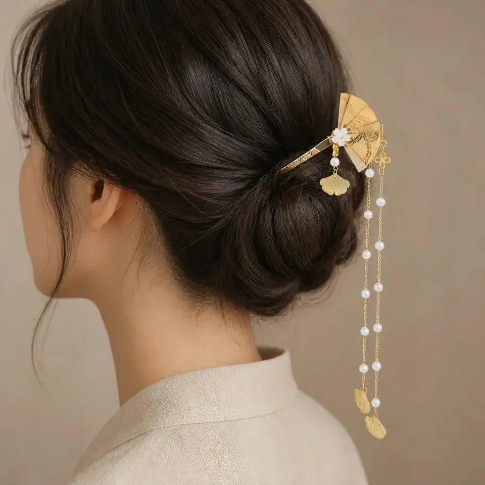 Esprit du Japon Épingle à cheveux dorée éventail et perles