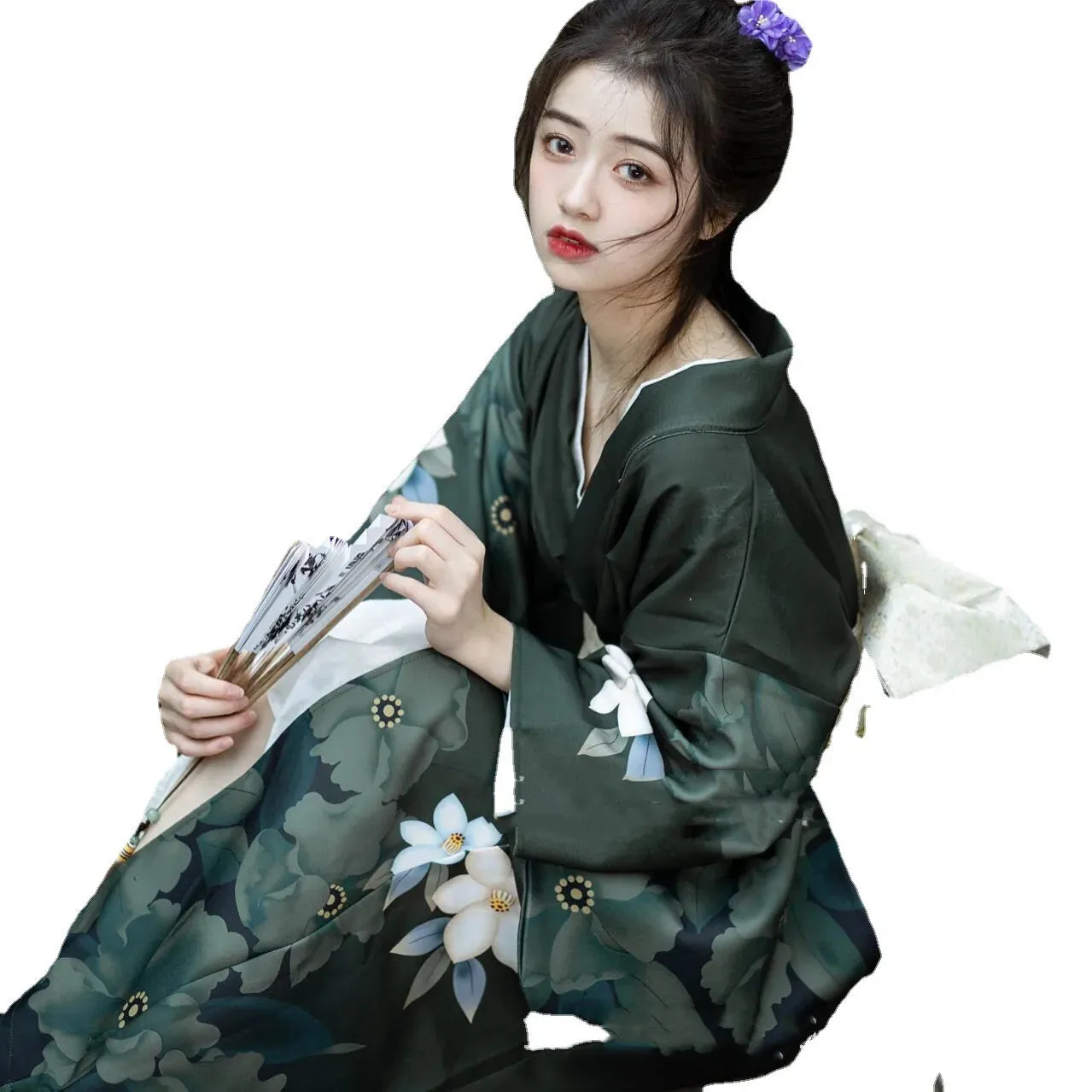 Esprit du Japon Kimono Long Vert Fleuri Japonais obi satin
