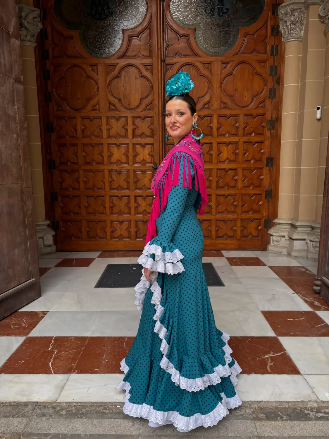 Viva La Feria Campanario robe flamenca bleu pétrole à pois