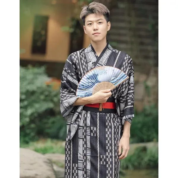 Esprit du Japon kimono homme yukata damier obi rouge