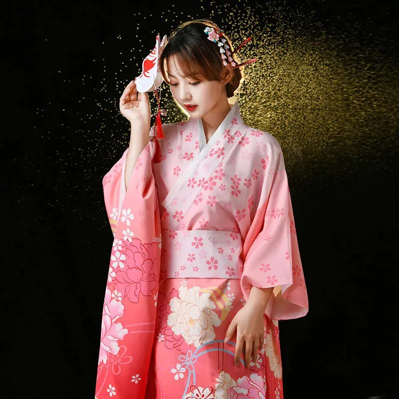 Esprit du Japon robe kimono longue satinée fleurie col V