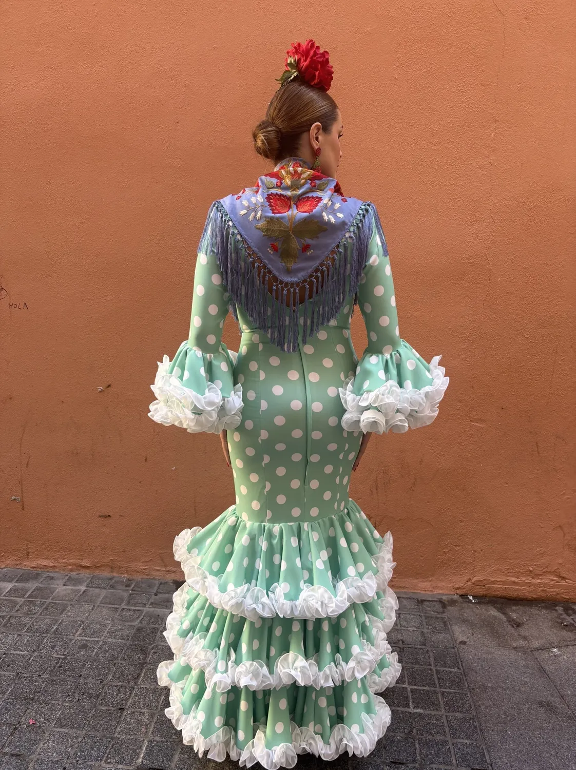 Viva la Feria Canela robe flamenca verte pois blancs