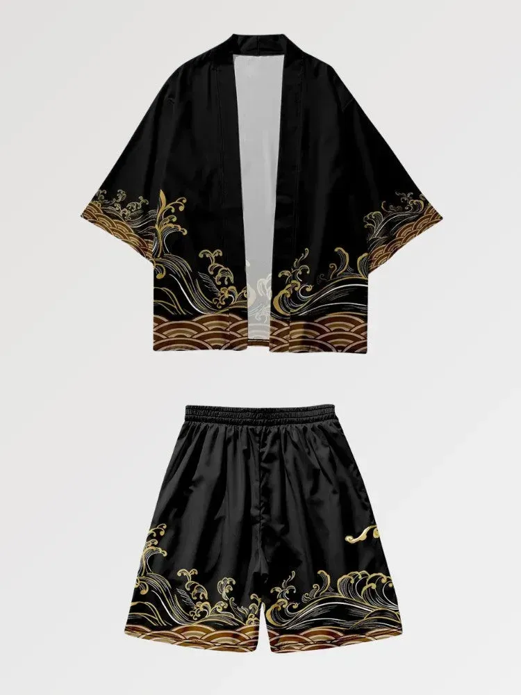 Japon style Gold Wave ensemble kimono vague dorée
