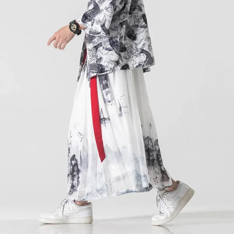 Esprit du Japon Jupe plissée blanche motif encre en lin